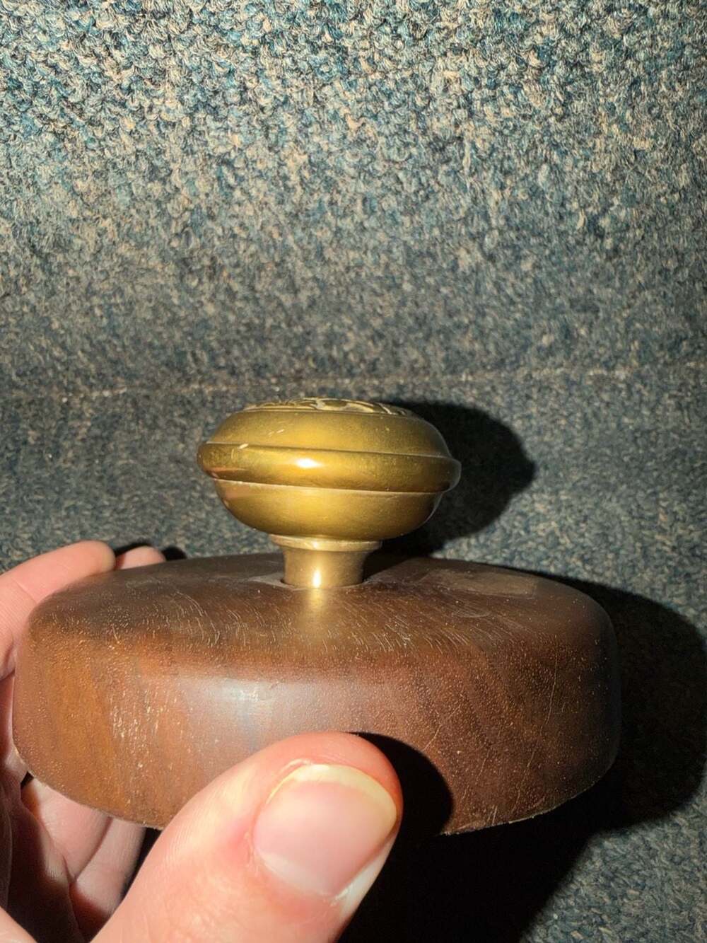 Vintage Hand-Carved Floral Brass and Walnut Wood Lid Finial Jar Topper